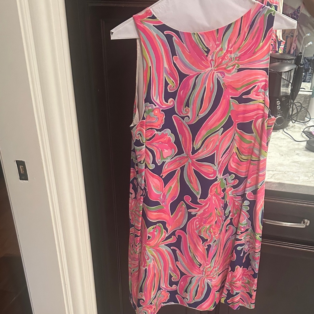 Lilly Pulitzer Navy Silk Shift Dress with Pink & Green Floral Print